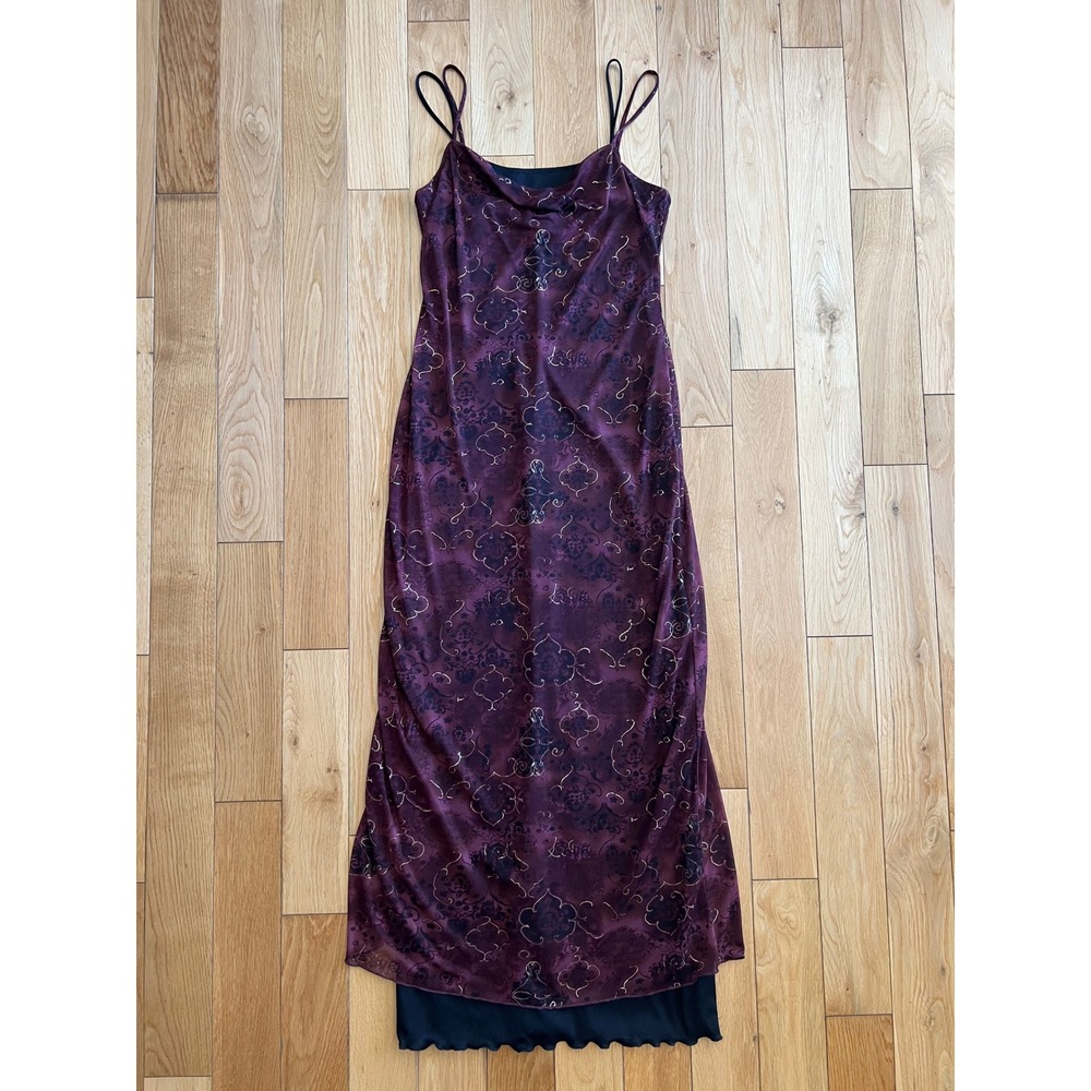 Vintage‎ 90s Ecru Studio Layered Midi Dress Stretch Maroon Black Whimsygoth Sz M